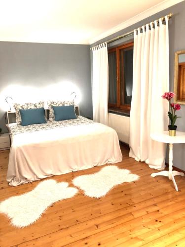 a bedroom with a bed with white curtains and a rug at Sielanka w Brennej in Brenna