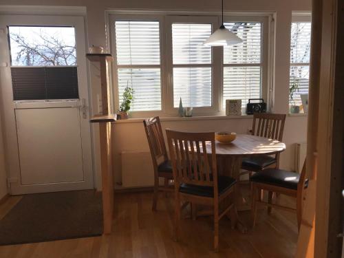 a kitchen with a table and chairs and windows at Ferienwohnung Mountaintop in Lienz