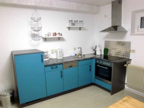 a blue kitchen with a sink and a stove at Ferienwohnung Bozsik in Schweinfurt