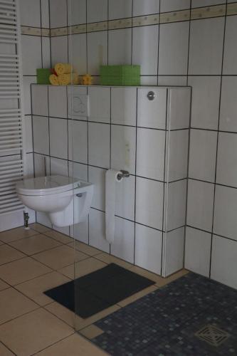 a bathroom with a toilet and a tiled wall at galerie 65 in Nettetal