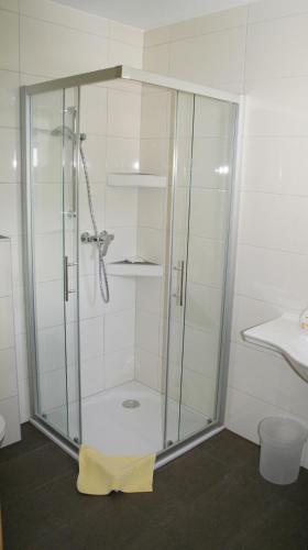 a shower with a glass enclosure in a bathroom at Hotel Restaurant Thadeushof in Techelsberg am Worthersee