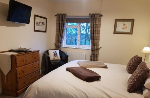 een slaapkamer met een bed, een stoel en een raam bij Forest Farm Papplewick Nottingham - Spacious Self-Contained Rural Retreat! in Papplewick