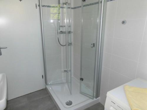 una ducha con puerta de cristal en un baño en Appartement Residenz Bellevue Whg 42 Usedom, en Zinnowitz