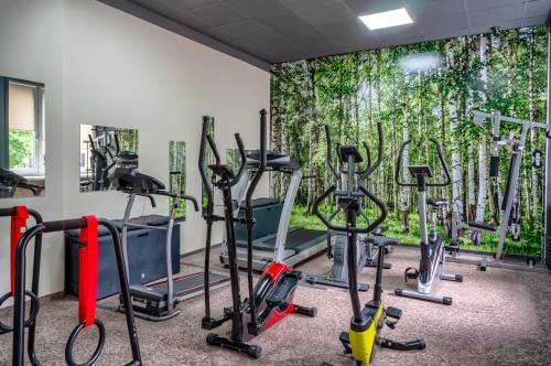 a gym with exercise bikes and a mural of trees at Mercure Czestochowa Centrum in Częstochowa