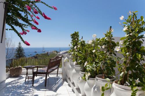 a row of white potted plants on a balcony at Quartara Boutique Hotel in Panarea