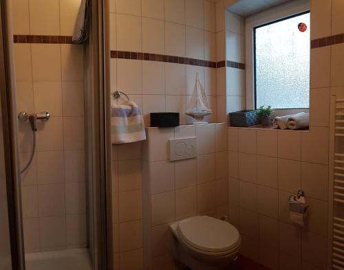 een badkamer met een toilet en een douche en een raam bij Hausnordlicht FEWO 1 in Dornum