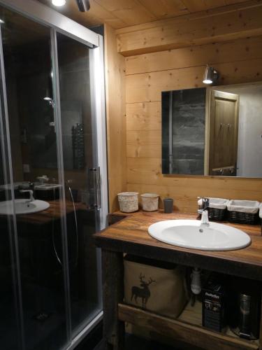 une salle de bain avec deux lavabos et une douche en verre dans l'établissement Chalet 1692, à Bonneval-sur-Arc