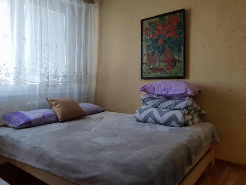 een slaapkamer met een bed met kussens en een raam bij Apartament Wyszynskiego in Białystok