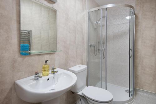 uma casa de banho com um WC, um lavatório e um chuveiro em Brown Rigg Guest Rooms em Bellingham