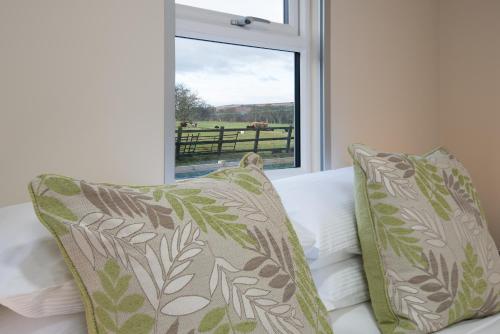 a bed with pillows and a window with a view at Brown Rigg Guest Rooms in Bellingham