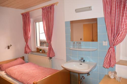 a bathroom with a sink and a bed and a mirror at Naturfreundehaus Veilbronn in Heiligenstadt