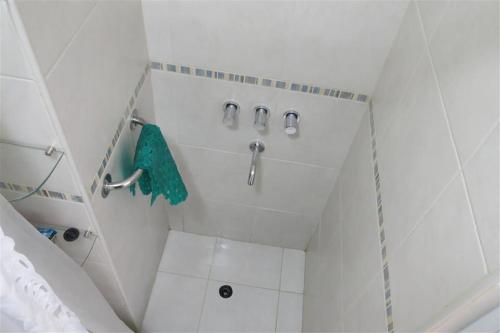 y baño con ducha y toalla verde. en Esmeralda en Buenos Aires
