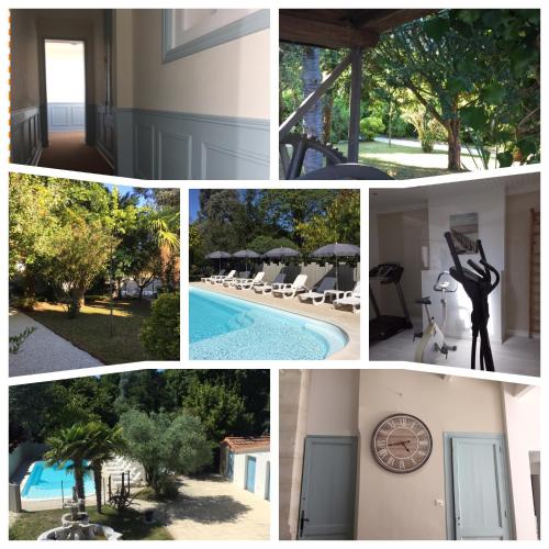 un collage de photos avec une piscine et une horloge dans l'établissement Les Suites de l'Alvertonne, à Arvert