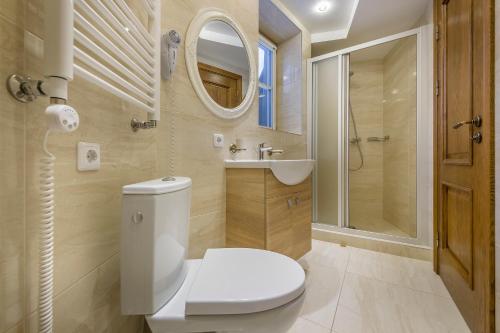 a bathroom with a toilet and a sink and a mirror at Kesminta Apartments in Vilnius