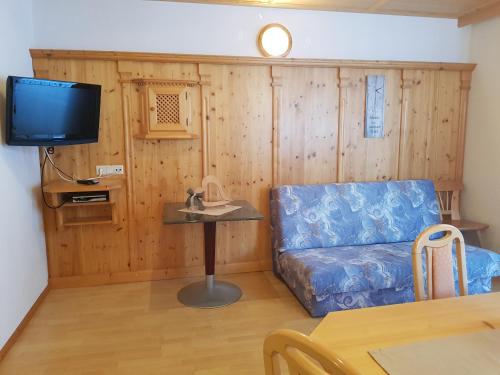 sala de estar con sofá y TV en Alpina Appartement, en Sankt Leonhard im Pitztal