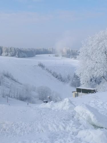 a snow covered field with a barn in the distance at Berghotel Natura Bed & Breakfast in Winterberg