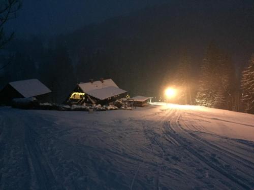 a house in the snow at night with a street light at Chalupa 101 in Vítkovice