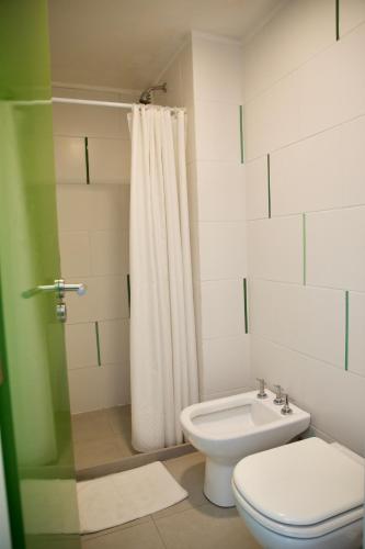 a bathroom with a toilet and a sink and a shower at America Del Sur Hostel Buenos Aires in Buenos Aires
