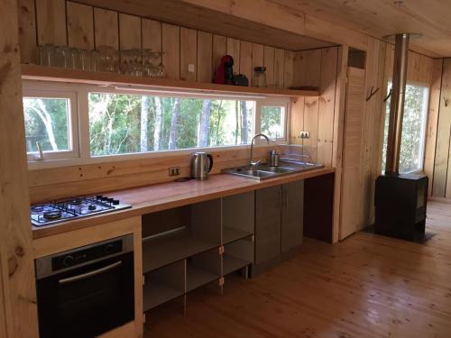 a kitchen with a sink and a stove in a cabin at Ralun Patagonia in Ralún