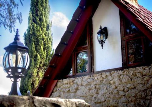 a building with windows and a street light and a lamp at La Mora Casa de Campo in Huasca de Ocampo