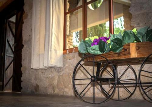 a cart with flowers on it in front of a window at La Mora Casa de Campo in Huasca de Ocampo