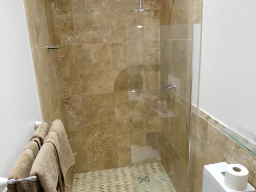 eine Dusche mit Glastür im Badezimmer in der Unterkunft Garden Cottage in Sleaford