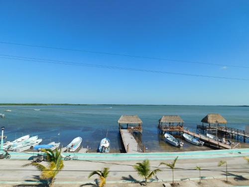 a group of boats docked at a dock on the water at Hotel El Perico Marinero in Río Lagartos