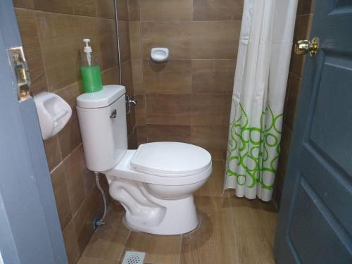 a bathroom with a toilet and a shower curtain at 25th RESIDENCES- LACSON BACOLOD in Bacolod