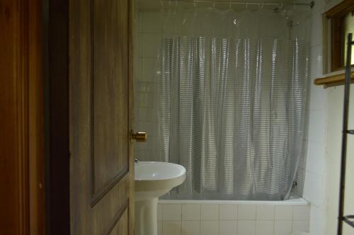 a bathroom with a sink and a shower curtain at Hostal y Cabañas Vientos del Sur in Puerto Ingeniero Ibáñez