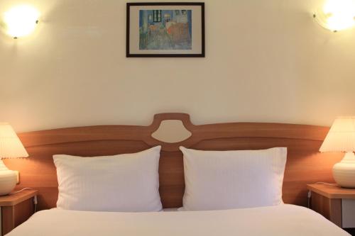 a hotel room with a bed with two white pillows at Efe Hotel Gocek in Göcek