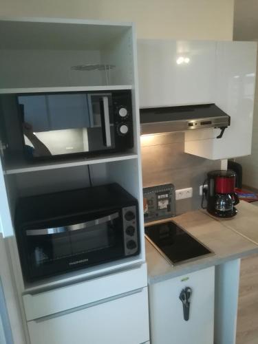 une petite cuisine avec un micro-ondes et une cuisinière dans l'établissement L'ESTUAIRE, au Havre
