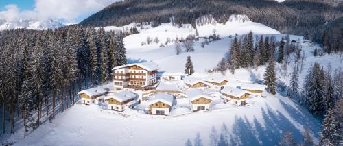 an aerial view of a resort in the snow at Das Eulersberg Apartments & Chalets in Werfenweng