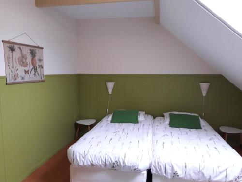 a bedroom with a bed with green walls and two tables at An de Esch in Dwingeloo