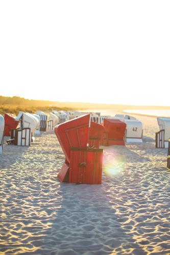 a bunch of chairs and tables on a beach at Haus Strandeck in Zingst