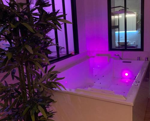 La salle de bains est pourvue d'une baignoire avec des lumières violettes. dans l'établissement Fontainespa21, à Fontaine-lès-Dijon