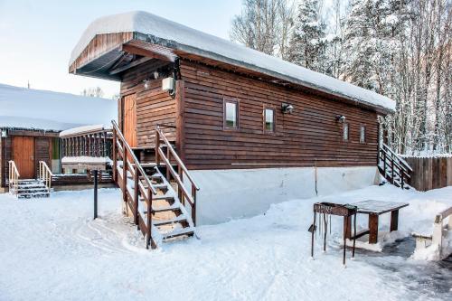 uma cabana de madeira na neve com uma escada de madeira em Diligence с мангальной зоной Выборг на смирновском шоссе em Vyborg