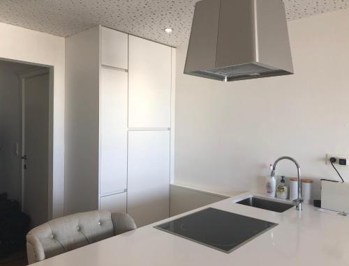 een keuken met een wastafel en een aanrecht bij Appartement sur la digue in Knokke-Heist