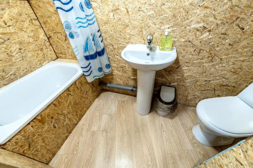 ヴィボルグにあるАпарт-коттедж Estrella-mini с мангальной зоной Выборг рядом гора Трамплинのバスルーム(洗面台、トイレ、シャワー付)