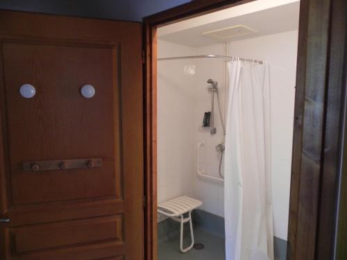 a bathroom with a shower curtain and a toilet at Lagrange Vacances Les Valmonts de Val Cenis in Lanslebourg-Mont-Cenis