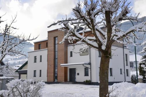 a house in the snow with a tree at Fuchs Apartments - inklusive Eintritt in die Alpentherme Gastein in Bad Hofgastein