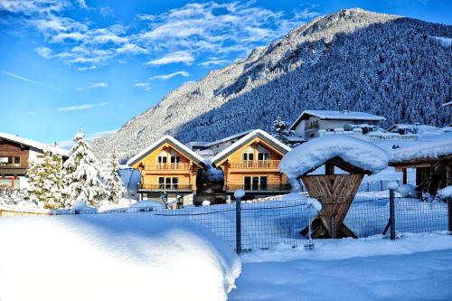 a log cabin in the snow with a mountain at Summit Lodges in Pfunds