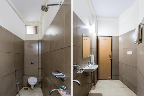 烏賈因的住宿－Hotel Ashoka Palace，浴室设有卫生间和水槽,两幅图片