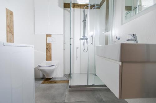 ein Bad mit einem WC und einer Glasdusche in der Unterkunft Resort Apartamenty Klifowa Rewal 14 in Rewal