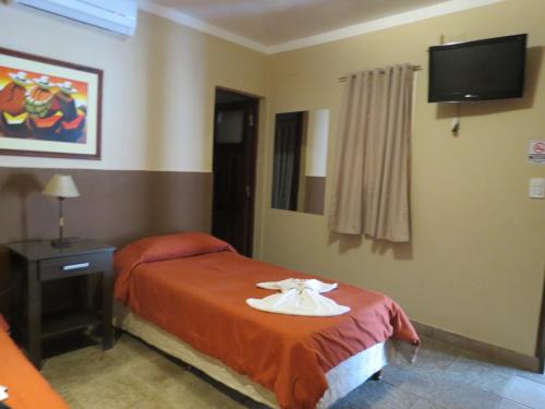 Habitación de hotel con cama y TV en Hotel Pachá en Salta