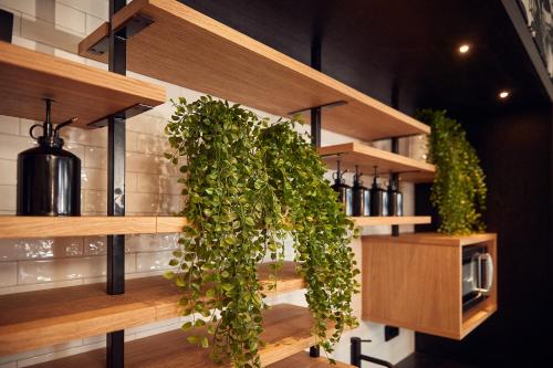 a room with wooden shelves with green plants at Gr8 Hotel Bodegraven in Bodegraven