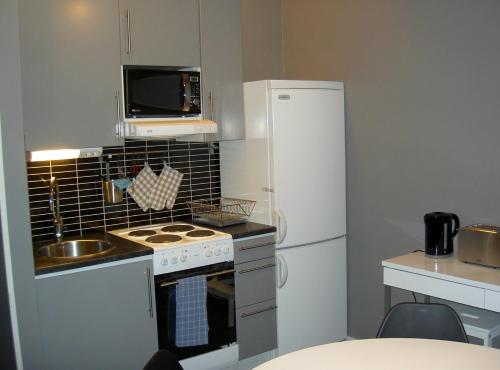 a small kitchen with a stove and a refrigerator at Elvis Stuga in Östersund