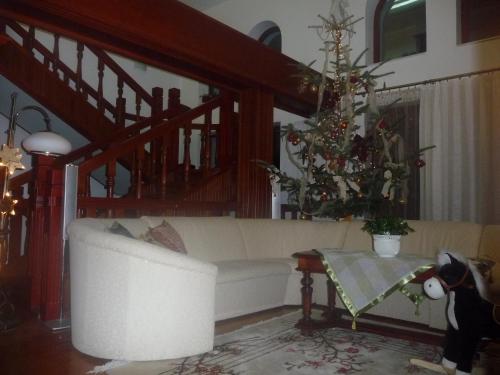 a living room with a white couch and a christmas tree at Rapsodia Pension in Suceava