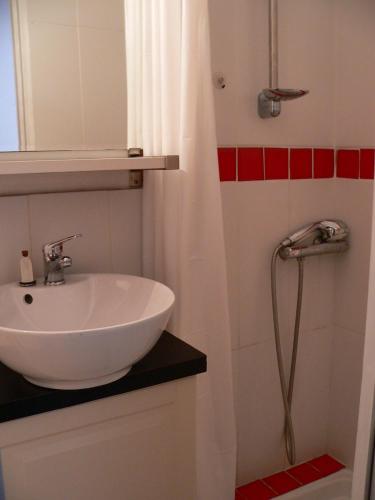 a bathroom with a sink and a shower curtain at Gite d'artiste 50m de la mer in Camaret-sur-Mer