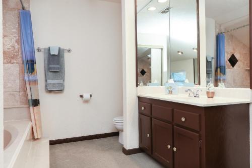 a bathroom with a sink and a toilet and a mirror at Resort Attractions in Willis