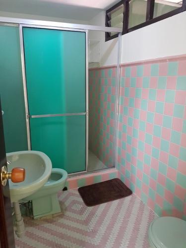 a bathroom with a shower and a toilet and a sink at Caracol Casa Turística in San Gil